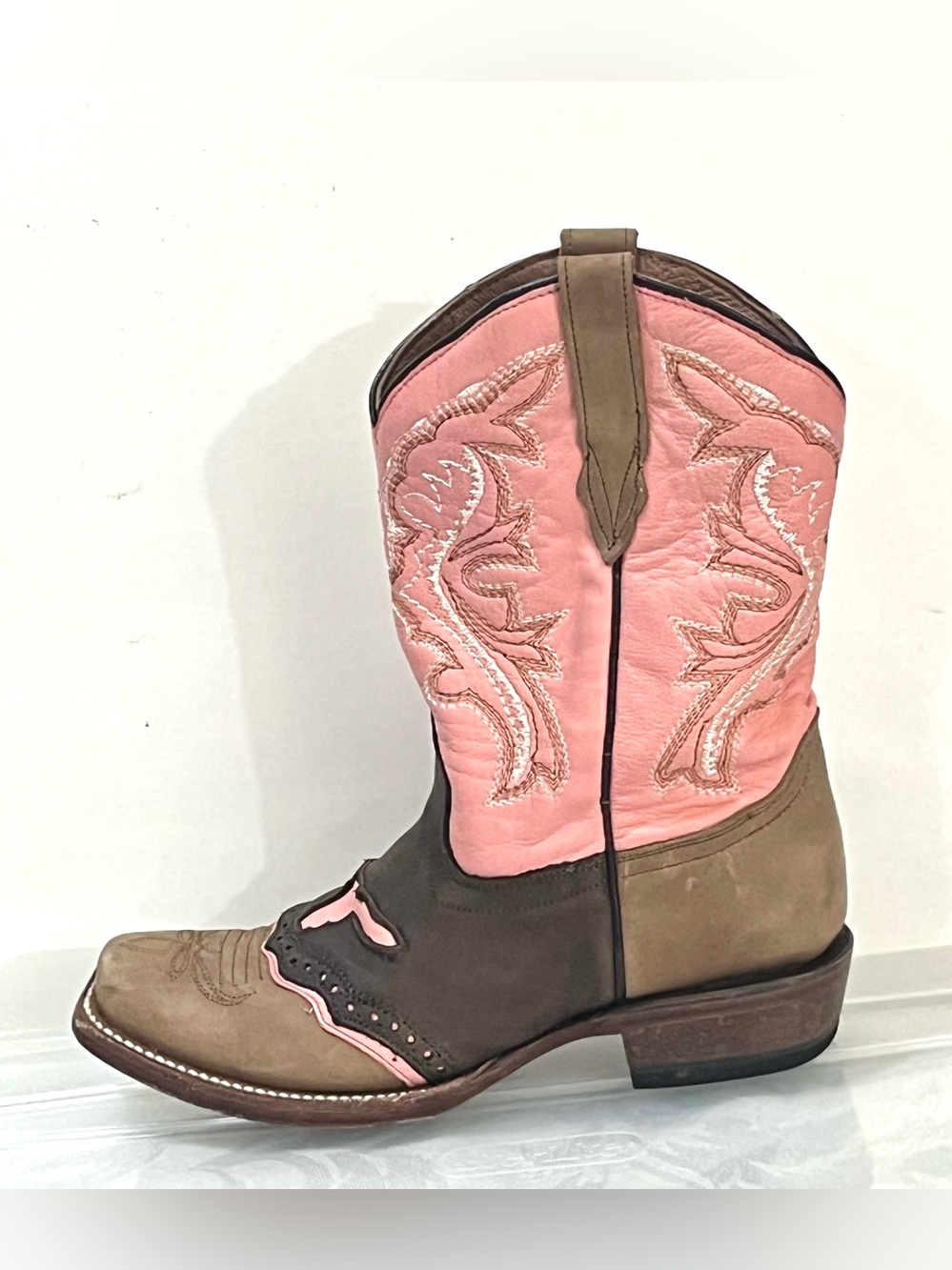 Tanner Mark Sissy Handcrafted Leather Western Cowboy Boots, Brown Pink Stitch 1